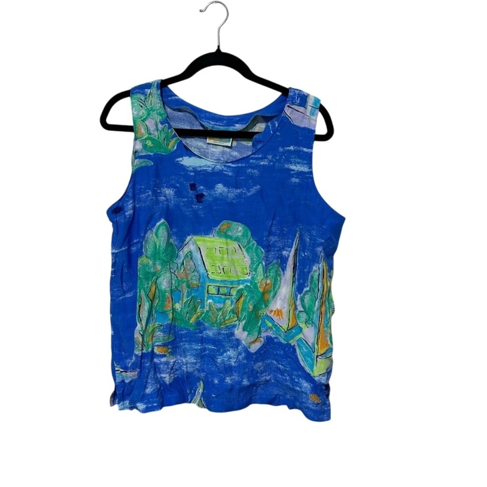 Vintage Blue Green Graphic Seasuns Pattern Tank Top Size Medium
